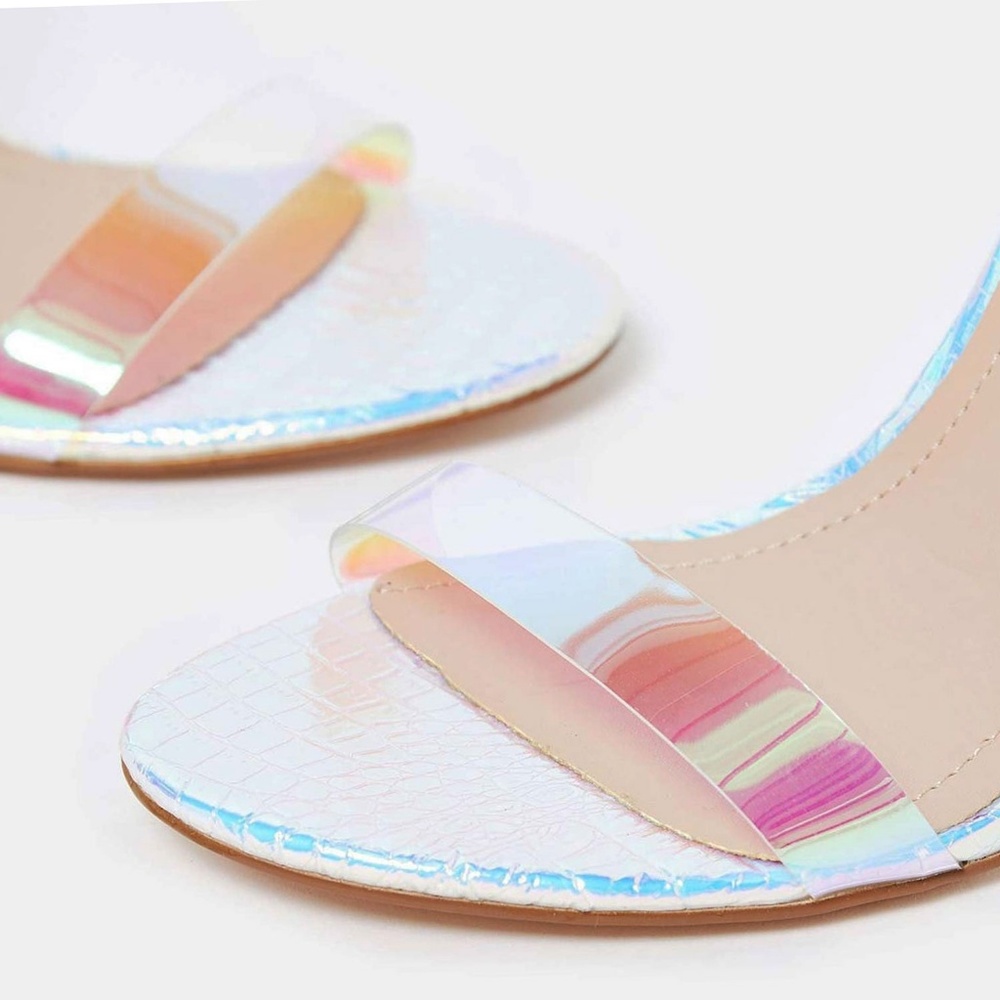 NEW🔥 Iridescent Ankle Strap Lucite Heel Sandals - Picture 5 of 5